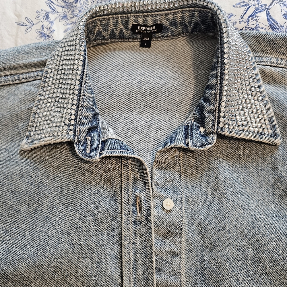 Express Denim Shirt/Jacket with Rhinestone Collar and Cuffs. NWOT SIZE L/XL